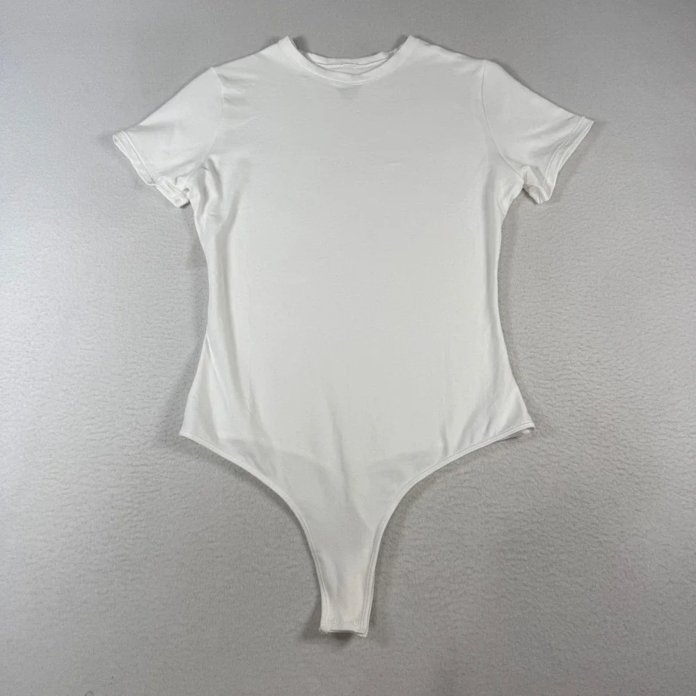 Quince Bodysuit Women M‎ White Organic Cotton Minimalist Stretch Layering Top - Picture 2 of 7